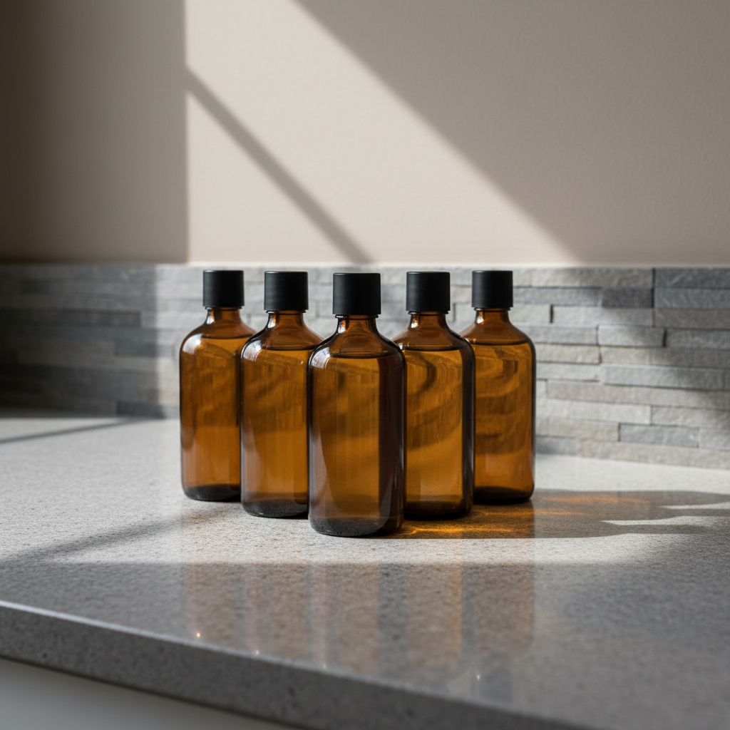 A collection of minimalist, amber glass bottles of massage oils with matte black lids, displayed on a sleek, polished stone countertop. The countertop sits against a soft taupe background accented with natural slate, creating visual harmony with the neutral tones. Filtered daylight pours in from the side, creating elegant highlights on the curved glass and subtle reflections on the stone. The scene is shot from a slightly elevated angle for a balanced composition. The atmosphere is refined and calming, with a photographic, clean, and modern look to reinforce the clinic’s professional focus.